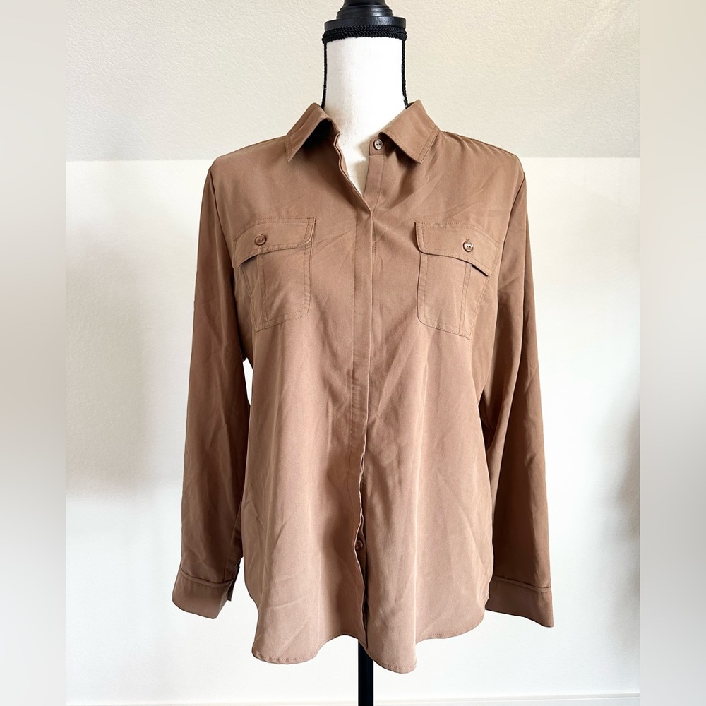 Chicos Size One Brown Button Up Long Sleeve Shirt